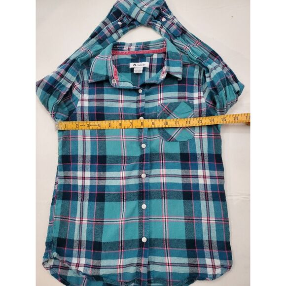 Tractr Long Sleeve Button Up Shirt Youth Medium Blue Plaid Pocket Pearl Snap - Picture 9 of 12